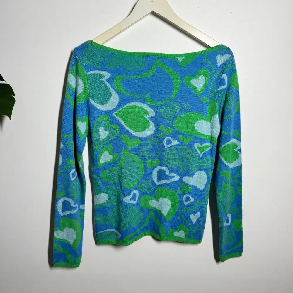 ASOS Design Top Women 4 Blue Green Wavy Heart Square Neck Lightweight 3/4 Sleeve